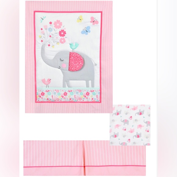 3pc Nursery Comforter Set Crib Sheet Pink Gray Elephant Bird Parent's Choice NEW - Picture 7 of 14